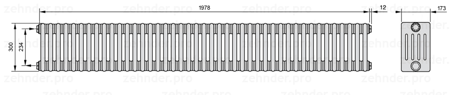 Схема (чертеж) Радиатор Zehnder Charleston 5030/43 №1270 Белый глянцевый RAL 9016